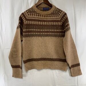 Pendleton Sweater Mens Medium Tan Brown Fair Isle Virgin Wool Pullover USA *